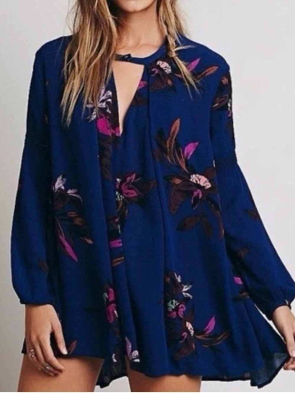 Free People Floral Keyhole Tunic Dress in Deep Navy